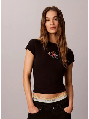Calvin Klein Jeans Siyah Kadın Bisilet Yaka Baskılı T-Shirt LV047G832GUB1