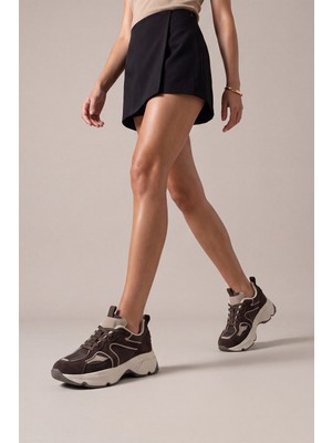 Marjin Kadın Sneaker Yüksek Kalın Taban Çok Parçalı Bağcıklı Spor Ayakkabı Merita Kahve Süet