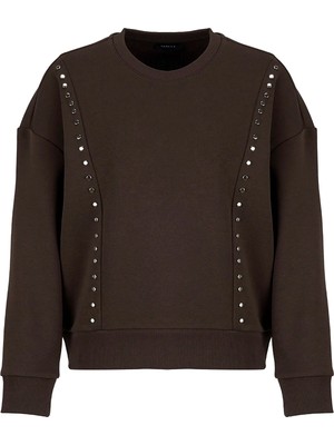 Fabrika Kahverengi Kadın Bisiklet Yaka Oversize Taşlı Sweatshirt F5WL-SWT0038