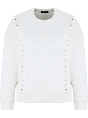Fabrika Ekru Kadın Bisiklet Yaka Oversize Taşlı Sweatshirt F5WL-SWT0038