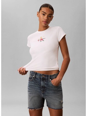 Calvin Klein Jeans Beyaz Kadın Bisiklet Yaka Baskılı T-Shirt LV047G832GYAF
