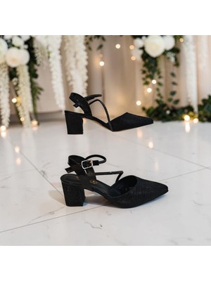 Fiyra 7012 Siyah Simli Taşlı Kalın Kare Topuk Abiye Stiletto Ayakkabı