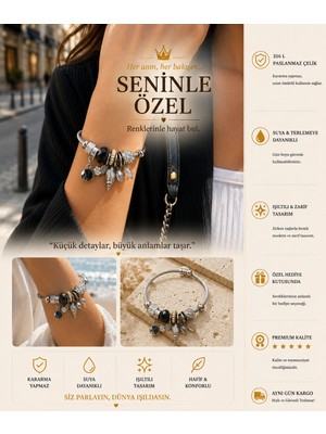 Mianna Kadın Charm Bileklik Siyah Kristal Taşlı Inci Detaylı Sallantılı Gümüş Renk Bileklik