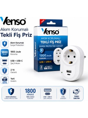 Venso Akım Korumalı Tekli Fiş Priz 1800 Joule USB + Usb-C Şarj Girişli