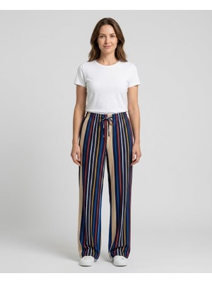 Centilmen Polin Çizgili Beli Lastikli ve Bağlamalı Wide Leg Pantolon 124032