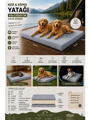 Xl Büyük Irk Köpek Yatağı Süngerli Fermuarlı Yıkanabilir Kılıflı Köpek Minderi 65X120X8 Cm-Gri