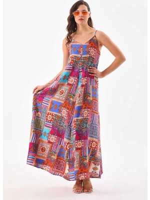 Navy Patchwork Düz Askılı Elbise