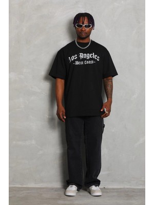 Hace Bazaar Oversize Baskılı Bisiklet Yaka T-Shirt - Siyah -