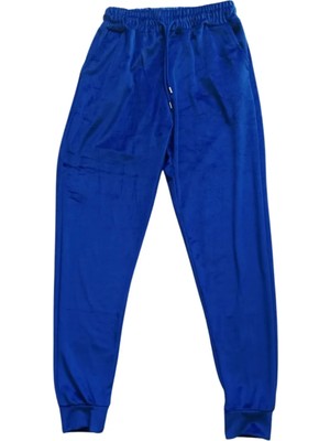 Teda Parlak Kadife Cepli Pantolon Eşofman Pijama Altı Unisex Lastikli Paça Mavi Teda Najmaddin