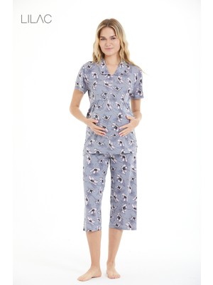 Lilac Kadın Hamile & Lohusa Gömlek Yaka Kapri Pijama Takımı