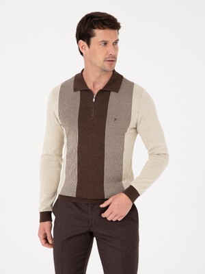 Cacharel Erkek Kahverengi Slim Fit Pamuk Karışımlı Fermuarlı Polo Yaka Triko Kazak 50318975-VR029