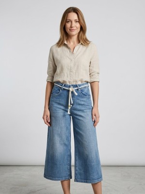 Centilmen Asso Yüksek Bel Hasır Ip Kemerli Bol Paça Culotte Denim Kapri Pantolon 98869