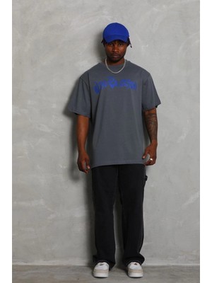 Hace Bazaar Oversize Baskılı Bisiklet Yaka T-Shirt - Füme -