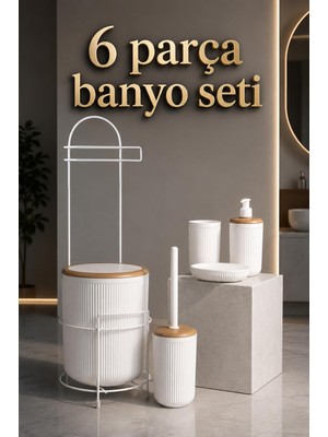 Okyanus Home Beyaz Yuvarlak Linea Due Standlı Wc Kağıtlık Ve 6 Parça Suya Dayanıklı Banyo Seti