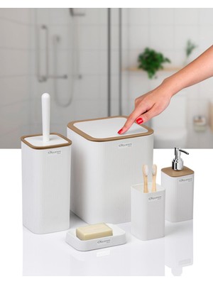 Okyanus Home 5'li Banyo Seti Beyaz Çizgili Kare Tasarım Suya Dayanıklı Malzeme