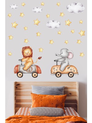 Artikel Sevimli Aslan ve Fil, Bulutlar, Yıldızlar Çocuk Odası Duvar Sticker 50 x 70 cm