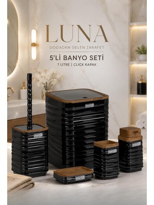 Okyanus Home Luna Siyah Ahşap Desenli Kare Banyo Seti Modern Tasarım 5'li Set