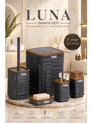 Okyanus Home Luna Antrasit Ahşap Desenli Kare Banyo Seti 5'li Suya Dayanıklı Modern Tasarım