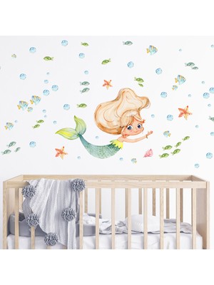 Artikel Deniz Kızı ve Deniz Canlıları Temalı Çocuk Odası Duvar Sticker 50 x 70 cm