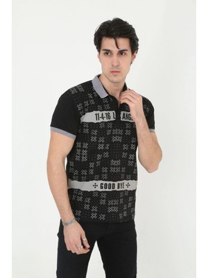 Hace Bazaar Yakalı Slim Fit Baskılı T-Shirt - Siyah -