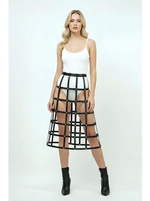 Beru Siyah Etek Deri Şeritli Kafes Detaylı Etek Midi Boy Deri Etek - BRF1396 Beru Najmaddin