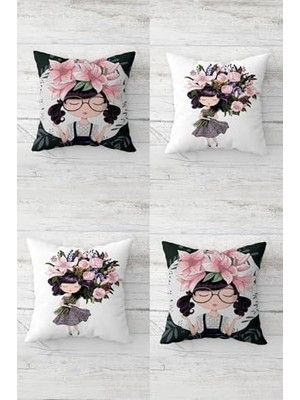 Duca Store Çiçekli Genç Kız Gizli Fermuarlı Kırlent Kılıfı Koltuk Yastık Kılıfı TAKIM(4ADET), Gri-Beyaz-Pembe 45 x 45