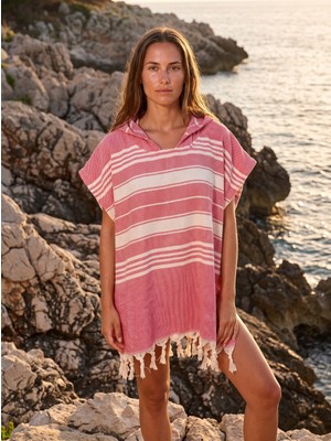 Cotton Paris Yetişkin Bornoz Panço %100 Pamuk Plaj Havlusu Peştemal Pembe