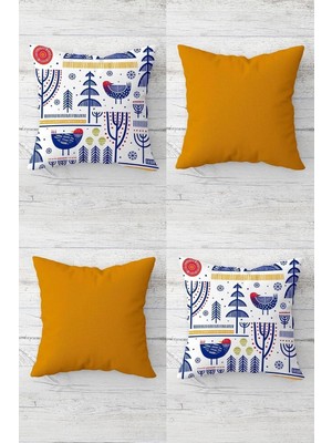 Duca Store Iskandinav Desen Modern Kuşlu Gizli Fermuarlı Kırlent Kılıfı Koltuk Yastık Kılıfı TAKIM(4ADET), Mavi-Beyaz-Hardal 45 x 45