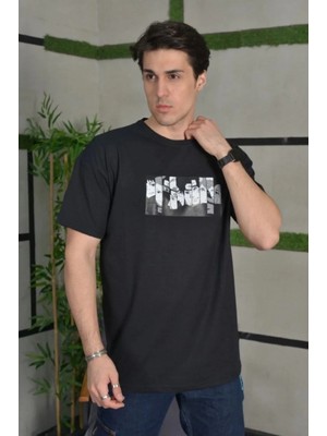 Hace Bazaar Bisiklet Yaka Baskılı Oversize T-Shirt - Siyah -