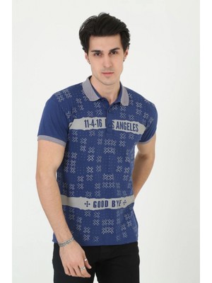 Hace Bazaar Yakalı Slim Fit Baskılı T-Shirt - Mavi -