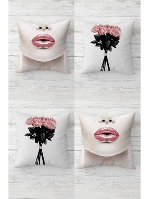 Duca Store Gül Buketi ve Dudak Desenli Gizli Fermuarlı Kırlent Kılıfı Koltuk Yastık Kılıfı TAKIM(4ADET), Gri-Pembe 45 x 45