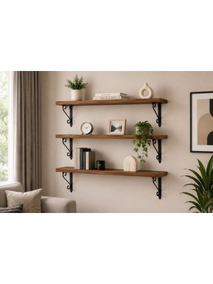     Erdem Mobilya 3’lü Dekoratif Duvar Rafı 100X20 cm Ceviz Siyah Metal Ayaklı