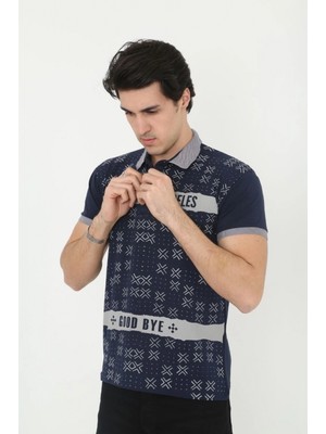 Hace Bazaar Yakalı Slim Fit Baskılı T-Shirt - Lacivert -