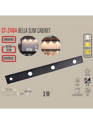 Cata CT-2464 Bella Slim Cabinet 40 cm Şarjlı Sensörlü LED Dolap Lambası 3200K 4000K 6400K