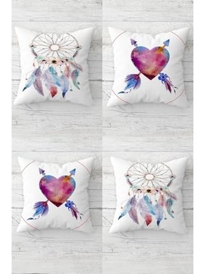Duca Store Kalp ve Dream Catcher Desenli Gizli Fermuarlı Kırlent Kılıfı Koltuk Yastık Kılıfı TAKIM(4ADET), Mor-Pembe-Beyaz 45 x 45