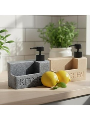 Duca Store Mermer Desenli Polyresin Sıvı Sabunluk | Entegre Sünger Bölmeli | Modern, Şık ve Dayanıklı Mutfak Organizeri (Antrasit)