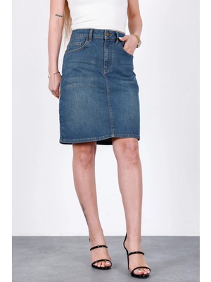 Hlt Jeans Vintage Blue Kadın Regular Fit Likralı Yüksek Bel Orta Boy Denim Kot Etek ALİCE-4011
