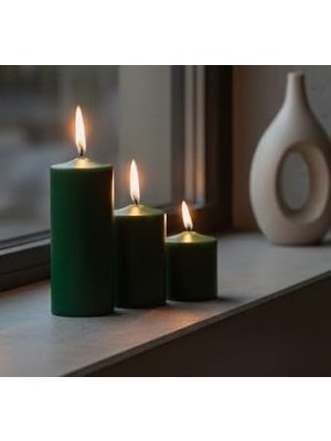 Duca Store 3’lü Silindir Blok Mum Seti, Koyu Yeşil Dekoratif Sütun Mumlar, Içten Yanan Fitil, 7 cm Çap, 7, 10, 15 cm Yükseklik, Ev Dekorasyonu, Masa ve Özel Gün Süsleme Mum Seti