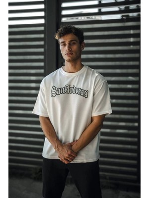 Hace Bazaar Bisiklet Yaka Baskılı Oversize T-Shirt - Beyaz -