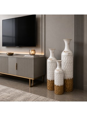 Vien Home 3'lü Seramik Görünümlü Metal Dekoratif Vazo Seti – Beyaz Gold Eskitme Salon ve Antre Dekoru