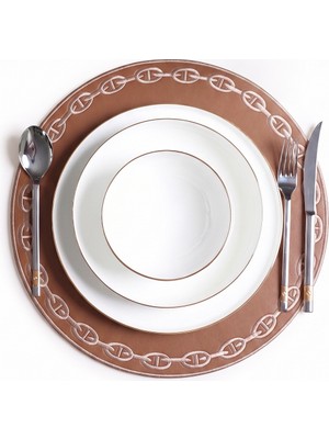 Evien Home Nakışlı Deri Amerikan Servis Yuvarlak 2'li Set Çift Taraflı Supla 38X38 cm Raya Kahve Gold