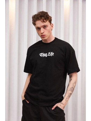 Hace Bazaar Bisiklet Yaka Baskılı Oversize T-Shirt - Siyah -