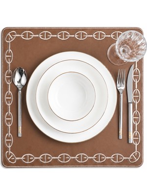 Evien Home Nakışlı Deri Amerikan Servis Kare 2'li Set Çift Taraflı Supla 40X40 cm Raya Kahve Gold