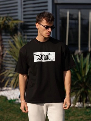 Hace Bazaar Bisiklet Yaka Baskılı Oversize T-Shirt - Siyah -