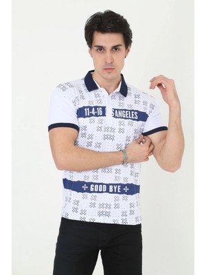 Hace Bazaar Yakalı Slim Fit Baskılı T-Shirt - Beyaz -