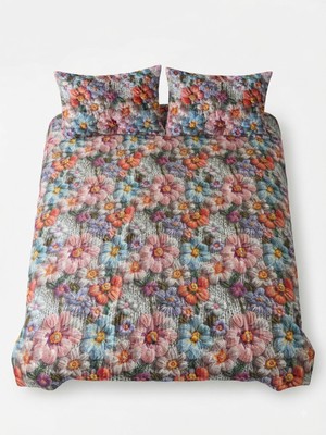 Fugo 5d Baskılı Çift Kişilik Yatak Örtüsü Seti Çiçekli Desen 185X205 cm + 2 Adet 55X75 cm Yastık Kılıfı