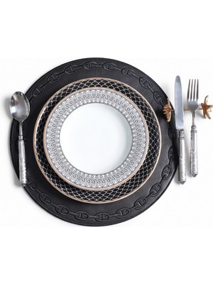 Evien Home Nakışlı Deri Amerikan Servis Yuvarlak 2'li Set Çift Taraflı Supla 38X38 cm Raya Siyah