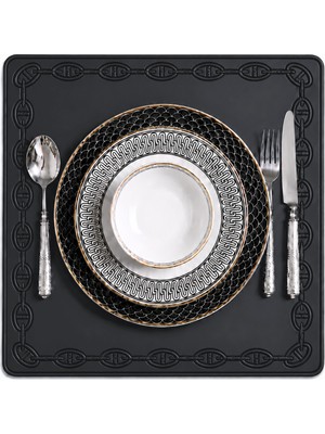 Evien Home Nakışlı Deri Amerikan Servis Kare 2'li Set Çift Taraflı Supla 40X40 cm Raya Siyah