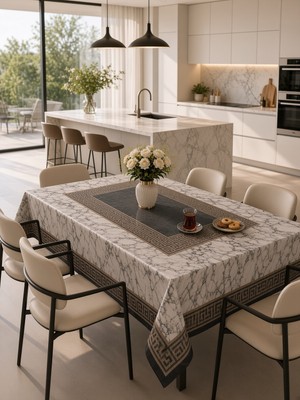 Blue Home Siyah Beyaz Mermer Desenli Yunan Anahtarı Bordürlü Kumaş Masa Örtüsü 120X150 cm - Modern Lüks Dikdörtgen Yemek Masası Örtüsü