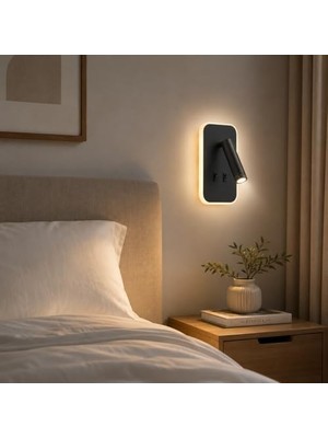 Duca Store Tuvalu Siyah LED Duvar Apliği | 13W | 3200K Gün Işığı | Çift Anahtarlı – Çift Kademe Yanma | 930 Lümen | 220V | Yatak Başı Okuma Apliği | IP20 | 10X18X3 cm Modern Minimal Iç Mekân Aydınlatma